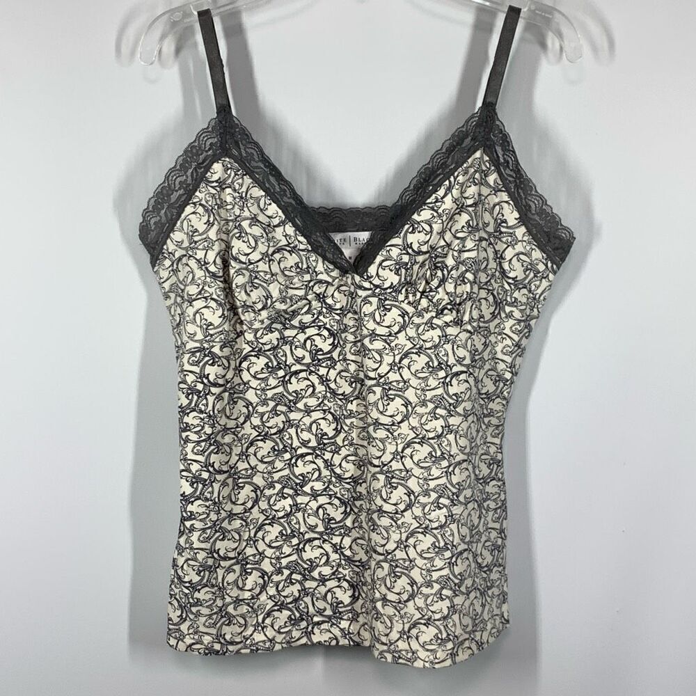 White House Black Market Floral V-Neck Cami Top Black & White Size Medium
